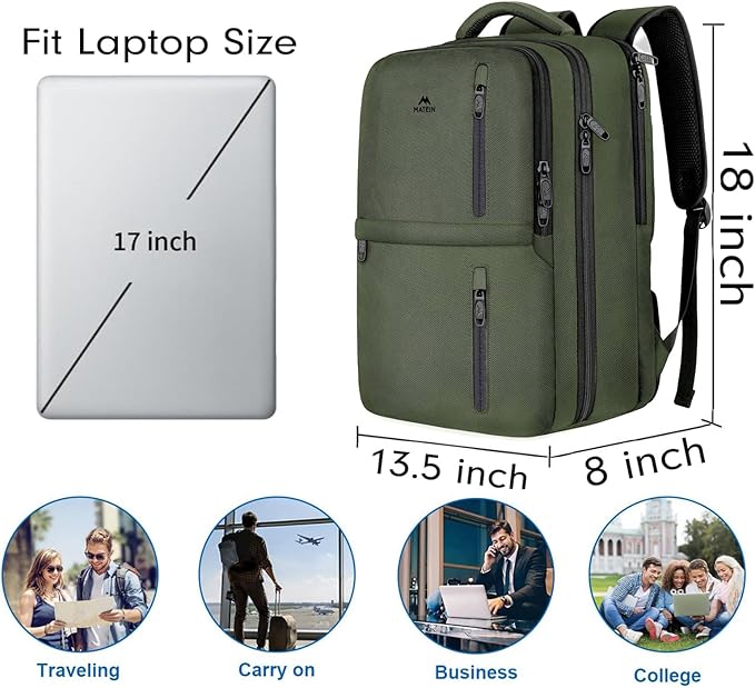 MATEIN Carry on Travel Laptop Backpack, Large Flight Approved Personal Item Travel Backpack with Shoe Compartment, Water Resistant Weekender Overnight Bag Fit 17 Inch Laptop, Green