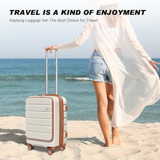 Explorer 20 Inch Carry On - Hardshell Suitcases with Front Pocket, White Brown