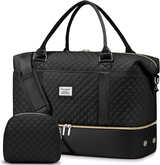Travel Weekender Duffle Bags for Women: Overnight Bags with Shoe Compartment Large Carry on Weekend Bag with Toiletry & Wet Pocket Tote Duffel Bag Hospital Bag for Women Labor Delivery Black
