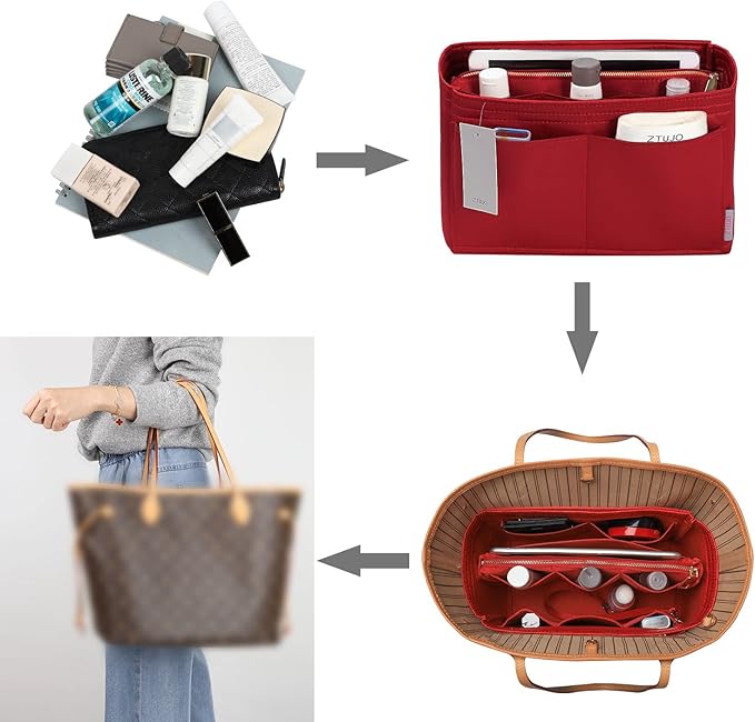 ZTUJO Purse Organizer Insert, Felt Bag Organizer with Metal Zipper, Handbag & Tote Shaper, For Speedy Neverfull Tote, 7 Sizes