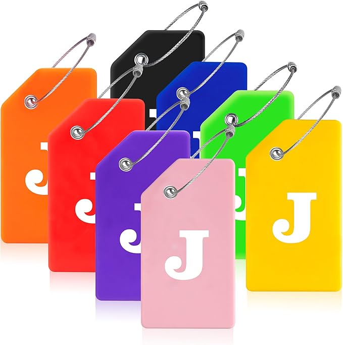 Gostwo 8 Pack Luggage Tags for Suitcases, 26 Initial Letter Travel Luggage Baggage Identification Labels ID Tags Fully Bendable Tags with Stainless Steel Loop (Letter J, Colorful)