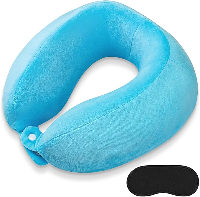 Travel Neck Pillow Comfort Memory Foam Neck Pillows for Airplanes Neck Support Pillow for Sleeping Traveling Trains Cars Offices Home Rest Blue