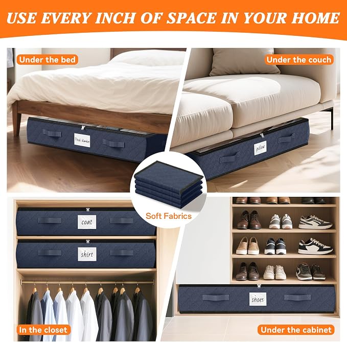 90L Under Bed Storage Containers, Storage Bags, Organizers, 6-Pack, Blue | Foldable, Soft Fabric, Closet Organizers, Reinforced Handle, Label Holder, Clear Window, for Comforters, Clothing, Blankets