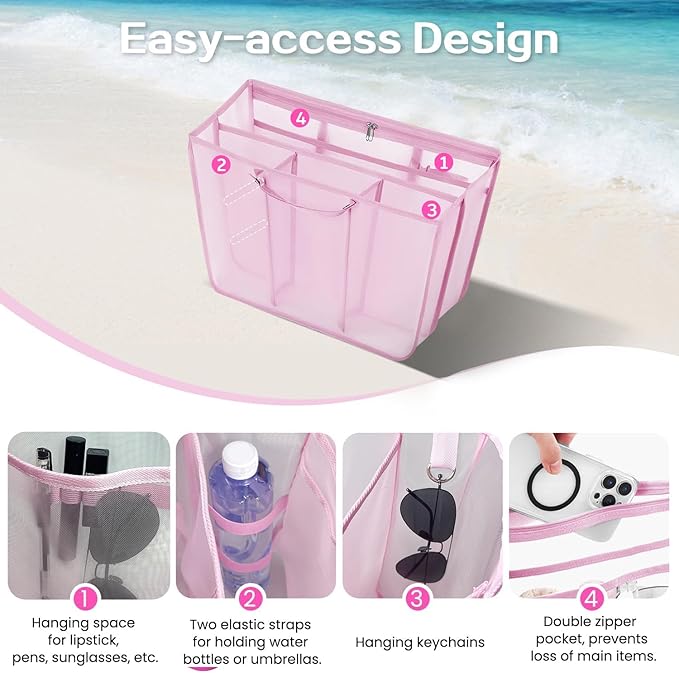 XYFuuee Beach Bag Organizer Inserts for Large Simple Modern Bag Accessories, with 8 Removable Metal Fasteners, Lightweight Mesh Insert Divider Pouch, Organizing Rubber Tote, Save Space, Pink