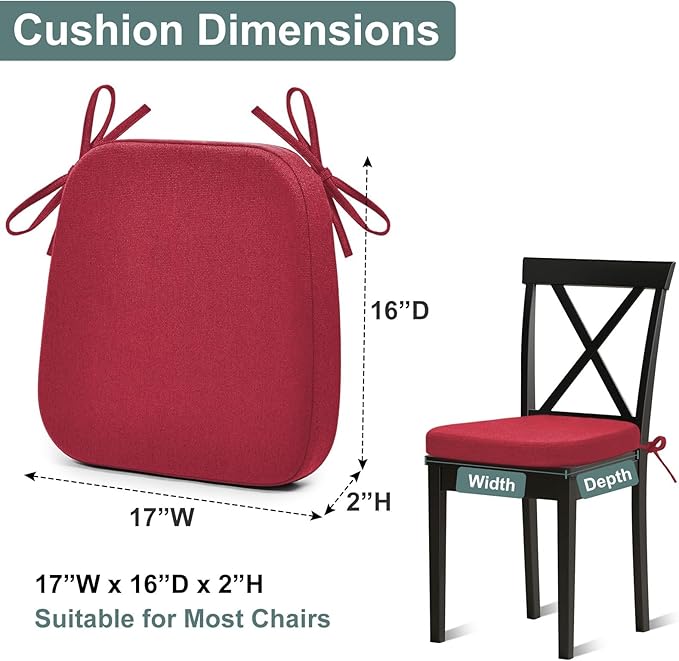 Shinnwa Dining Chair Cushions Set of 4, Patented Design Memory Foam Seat Cushions for Dining Chairs with Ties and Washable Cover, 4 Pack, 17" x 16" x 2", Burgundy