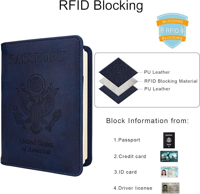 WALNEW Passport Holder for Travel, RFID Passport Cover Wallet for Women Men, PU Leather Passport Book Card Holder Case with Pen (Elastic Band Closure, A-Navy Blue)
