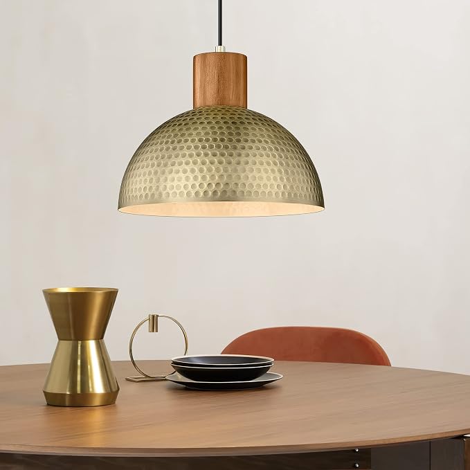 ELYONA Vintage Pendant Light Fixtures, 12” Brushed Brass Hammered Metal & Rubber Wood Industrial Dome Hanging Lamp, Antique Gold Kitchen Pendant Light for Island, Farmhouse, Sink, Dining Room, Hallway