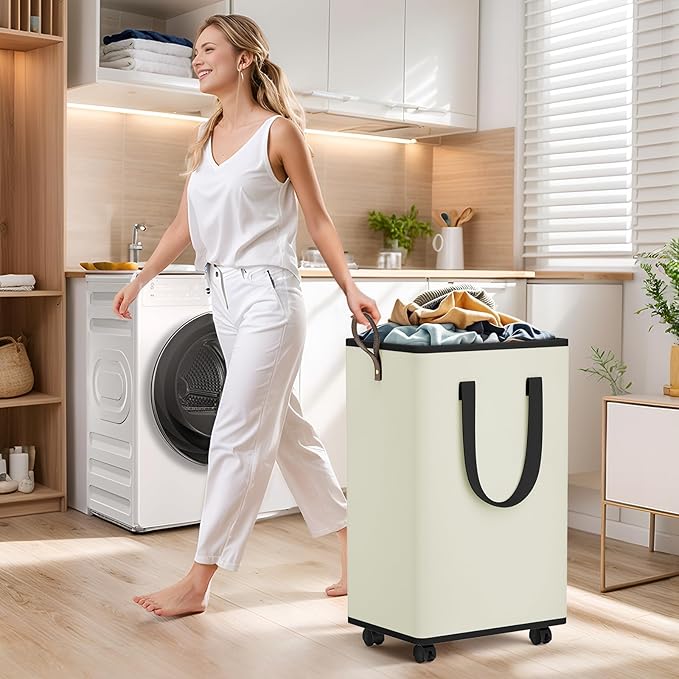 Laundry Basket with Wheels, Collapsible Laundry Baskets, Laundry Hamper with Handles Detachable Wheels, Rolling Laundry Basket, Dirty Clothes Hamper for Bathroom, Dorm, Bedroom, Cream, 80L