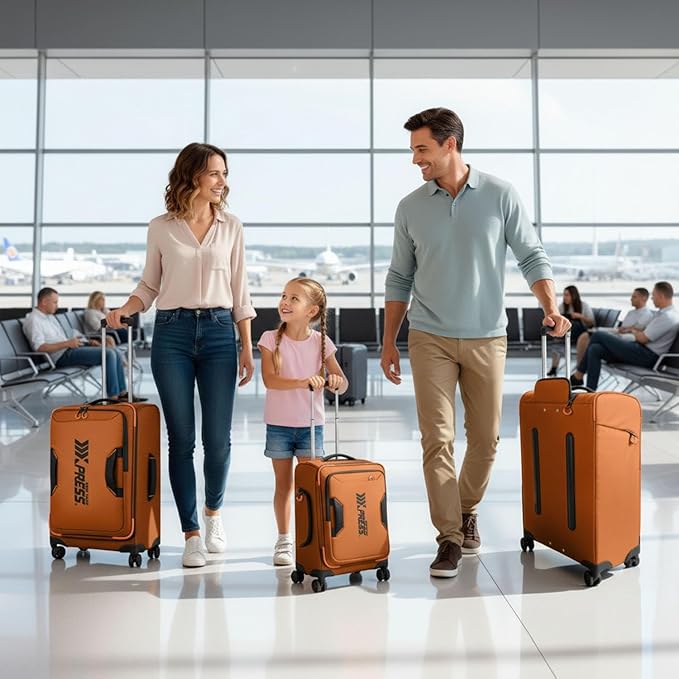 3-Piece Softside Upright Luggage Set with Front Open Pocket, Lightweight and Waterproof Durable Suitcase Sets Double Spinner Wheels（Orange, 22in/26in/30in）