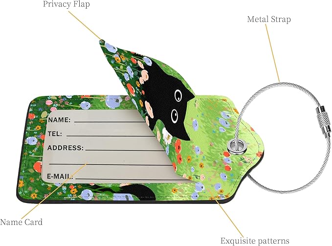 2 Pcs Luggage Tags for Suitcase, Cute Unique PU Leather Travel Bag Tag with Privacy Cover ID Label Address Card and Durable Metal Ring Suitable for Men Women Children Backpack,Black Cat On The Grass