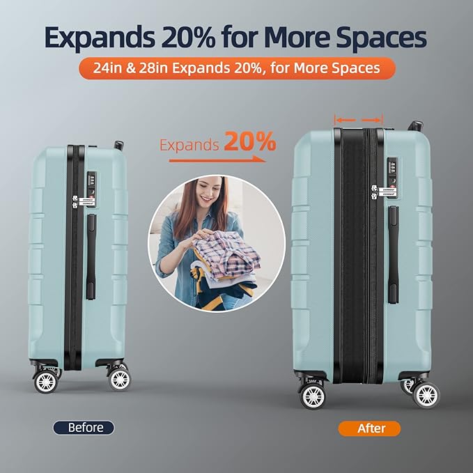 SHOWKOO Luggage Sets with Bags Expandable 100% PC Durable Suitcase Double Wheels TSA Lock 5pcs Mint Green