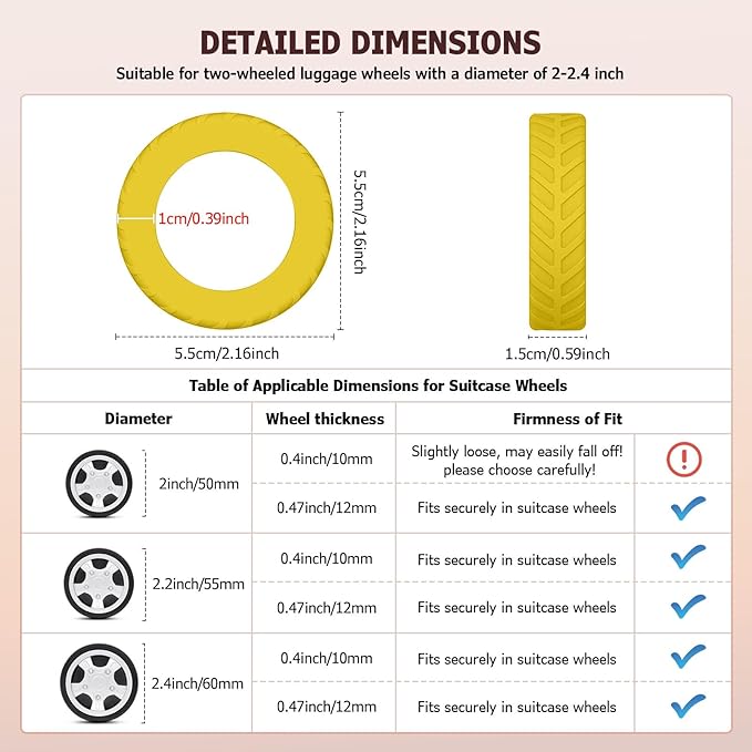 XYOFUN Luggage Wheel Covers - Upgraded 8-Pack Anti Dust & Scratch Noise Reduction Carry On/Travel Suitcase Wheel Protector - For 2-2.4" wheels - Yellow