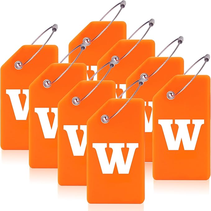Gostwo 8 Pack Luggage Tags for Suitcases, 26 Initial Letter Travel Luggage Baggage Identification Labels ID Tags Fully Bendable Tags with Stainless Steel Loop (Letter W, Orange)