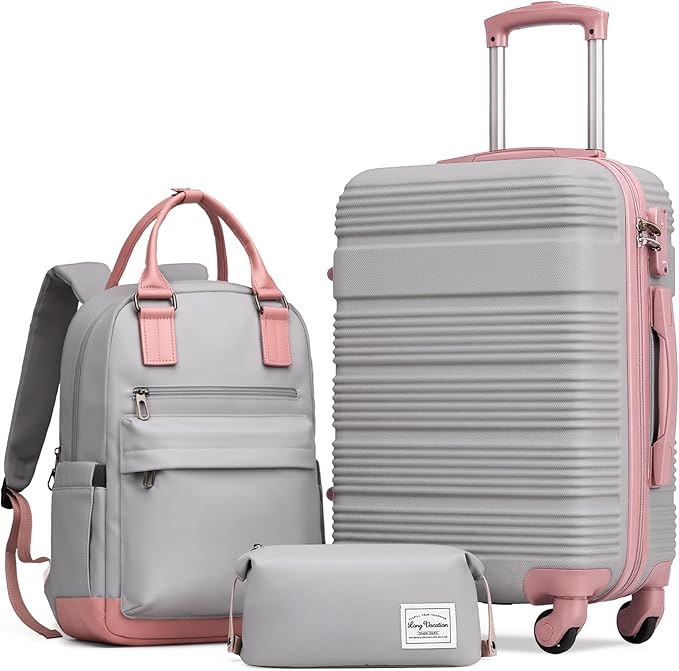 LONG VACATION 3 Piece Carry On Luggage 20 Inch Suitcase with Spinner Wheels, ABS+PC Hardshell Suitcase set with TSA Lock & YKK Zipper