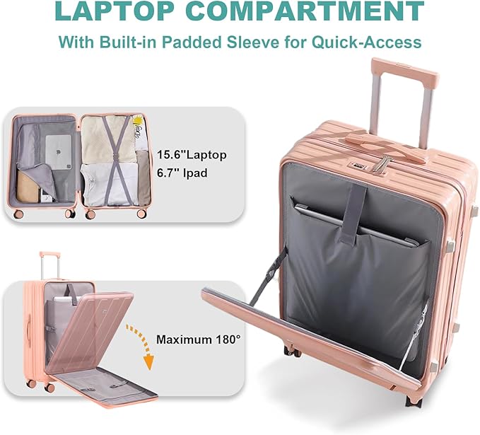 Gets Carry on Luggage Airline Approved,20 Inch Abs+Pc Hardshell Spinner Luggage With Cup Phone Holder and USB Charger,Front Pocket Durable Suitcase for Women Men-Pink