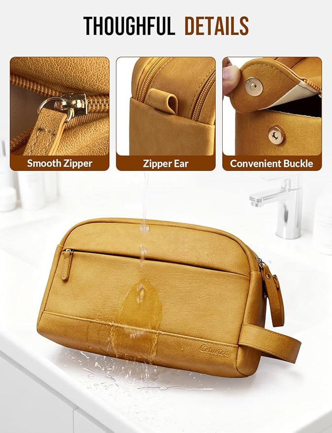 PU Leather Toiletry Bag for Men - Water Resistant Travel Bag for Toiletries, Bathroom Essentials, Accessories - Yellow