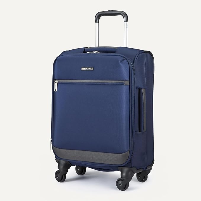Amazon Basics 18" Medium Carry-On Softside Expandable Luggage Suitcase with Wheels, Four 360-Degree Spinner Wheels, Zippered Pockets, Telescopic Handle, Navy Blue