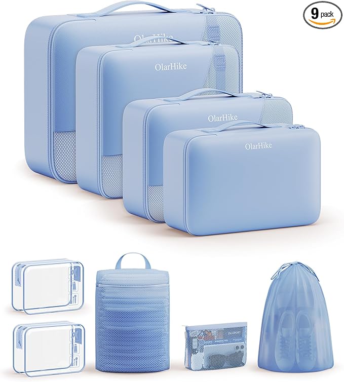 11 Set / 9 Set Packing Cubes for Travel,Gifts for Women Mom Kids,TSA Approved Bags for Makeup, Cosmetic, Toiletry, Organizers for Suitcase Carry On,Cruise Essentials Airplane Accessories,Light Blue
