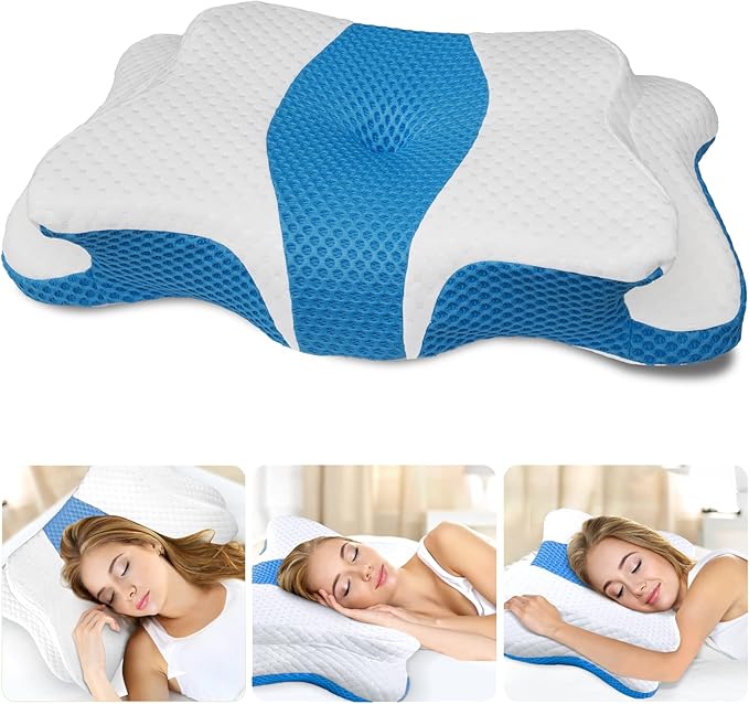 Memory Foam Pillows, Cervical Pillow for Neck and Shoulder Pain Relief, Ergonomic Contour Bed Pillow, Soft for Side Sleep Stomach Sleeping and Back Sleeper-Queen Size&Blue