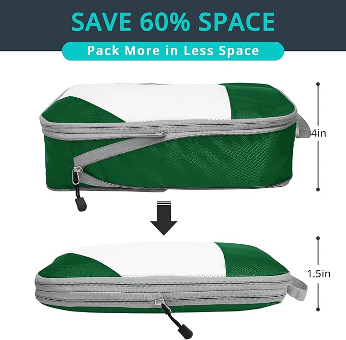 Compression Packing Cubes 6 Set, Compressible Space-Saving Packing Cubes for Travel - Compression Bags, Luggage Organizer, Travel Essentials for Women, Dark Green