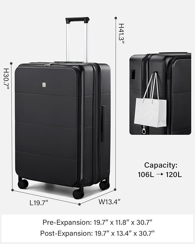 Hanke Hardside Expandable Large Checked Luggage, 28 Inch Top Opening Trunk Luggages with Spinner Wheels, All-PC Hard Shell Suitcase, Lightweight TSA Approved (Jet Black, 120L)