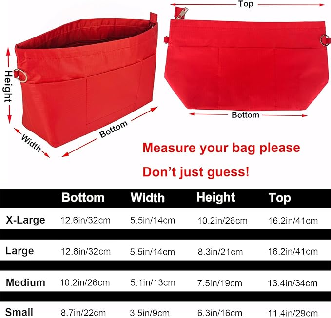 Time Wing Handbag Tote Purse Organizer Insert Bag Liner Shaper Divider Zipper 11 Pockets Compartments Small Red