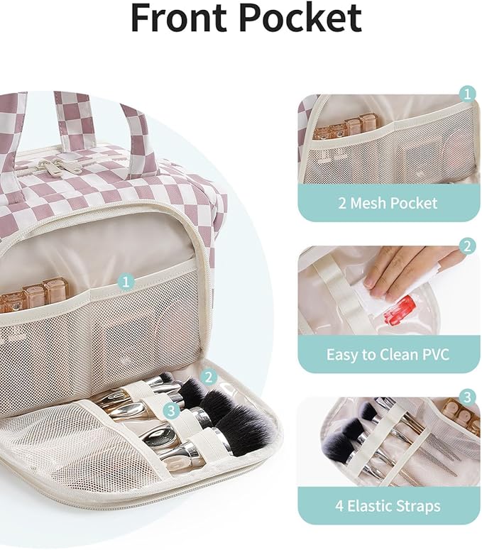 Narwey Travel Toiletry Bag for Women, Large Makeup Bag, Wide Open Cosmetic Make Up Organizer with Handle, Wet Pocket for Towel, Travel Bag for Toiletries, Brushes, Essentials (Dusty Pink Checker)