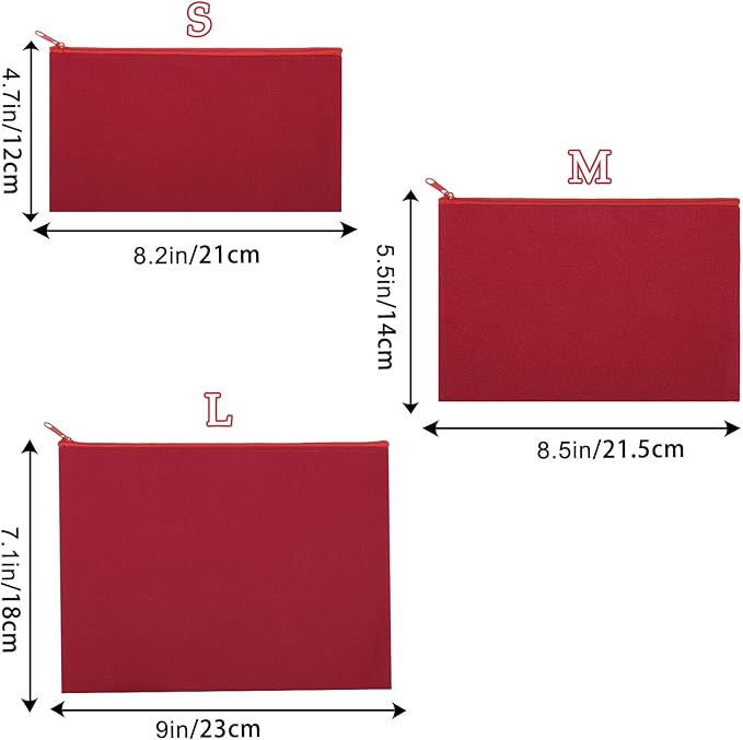 12 Pieces Cotton Canvas Makeup Bag, Multipurpose Cosmetic Bag with Zipper Travel Toiletry Pouch, Blank DIY Craft Bag (Red, L)
