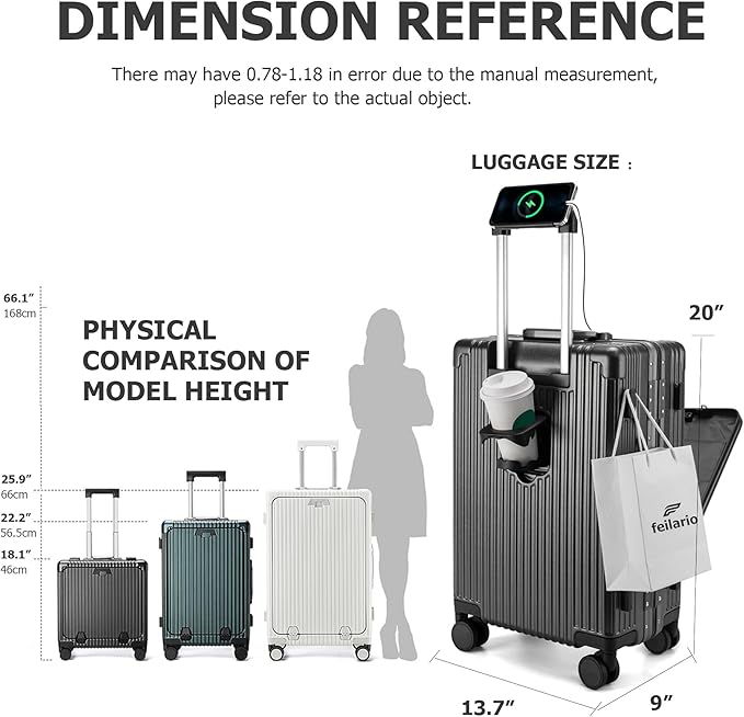 feilario Aluminium Frame PC Hard Shell Spinner Wheels Luggage,20.8"X15"X8.7 Airline Approved Built-In TSA lock Carry on Suitcase, with Cup Holder, USB Port, Phone Holder