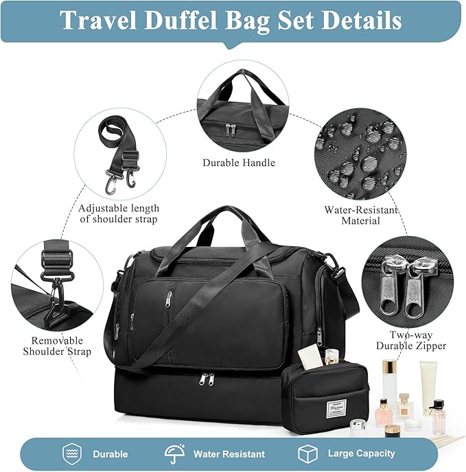 Travel Duffle Bag, Weekender Bags for Women,Overnight Weekend Carry On Personal Item Travel Bag with Shoes Compartment & Toiletry Bag,Black