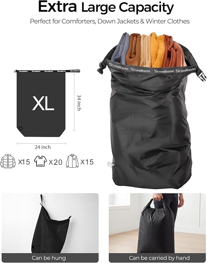 Travel Laundry Bag, Pump-Free Vacuum Compression Dirty Clothes Bag, Extra Large Reusable Waterproof & Washable Laundry Bag, Ideal for Suitcases, Road Trip Essentials, Black, 1 Pack (XL)
