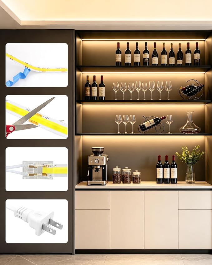 Warm White Under Shelf Lights Strip with Hand-Sweep On/Off 32.8FT 12V 3000K | 2 Rolls of 16.4ft 100W,Self-Adhesive Dimmable COB LED Strips Light,Cuttable DIY Shelf Lighting for Bookshelf Pantry Closet