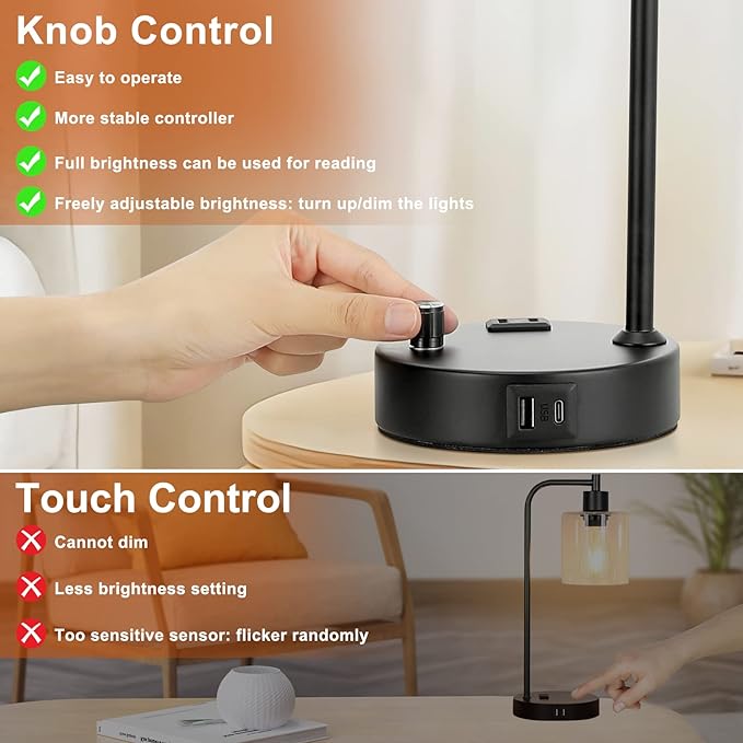 Industrial Bedside Lamps Set of 2, Fully Dimmable Desk Lamps for Bedroom | Glass Shade, USB C+A Charging Port & Outlet, Black Nightstand Table Lamps for Living Room, Office, Reading, Vintage