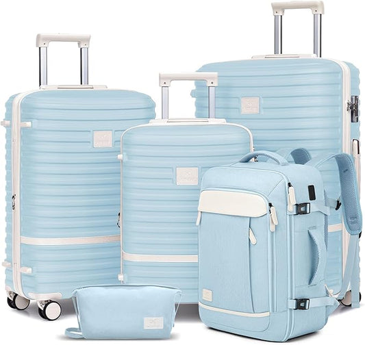 Joyway Expandable Luggage Sets 5 Piece, Lightweight Hard Shell Travel Suitcase Set with Spinner Wheels and TSA Lock (5 piece set，LightBlue)