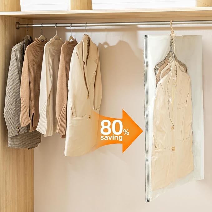 Hanging Vacuum Storage Bags with Electric Pump – 4-Pack Hanging Vacuum Seal Bags for Clothing, Space-Saving Compression Bags for Suits, Jackets, Travel Wear, Winter Coats & Outerwear