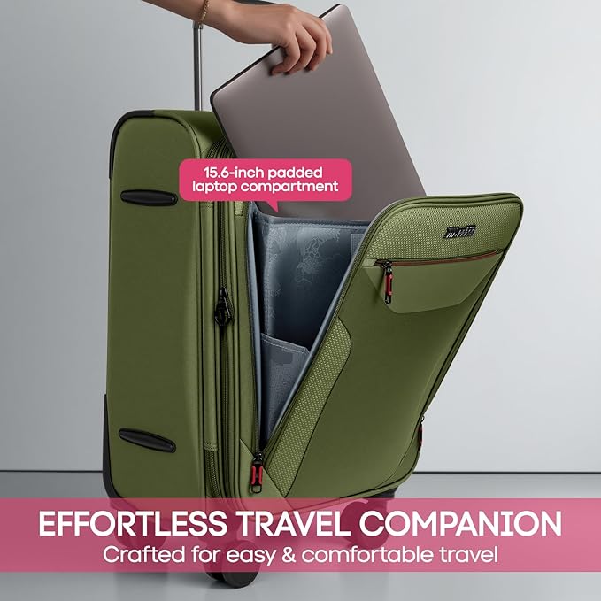 Carry on Luggage 22 X 14 X 9 Airline Approved,22 Inch Softside Suitcases w/TSA LOCK,Lightweight Carry-On Suitcase w/Spinner Wheels,Upright Softshell Luggage for Men/Women（Green,22in）