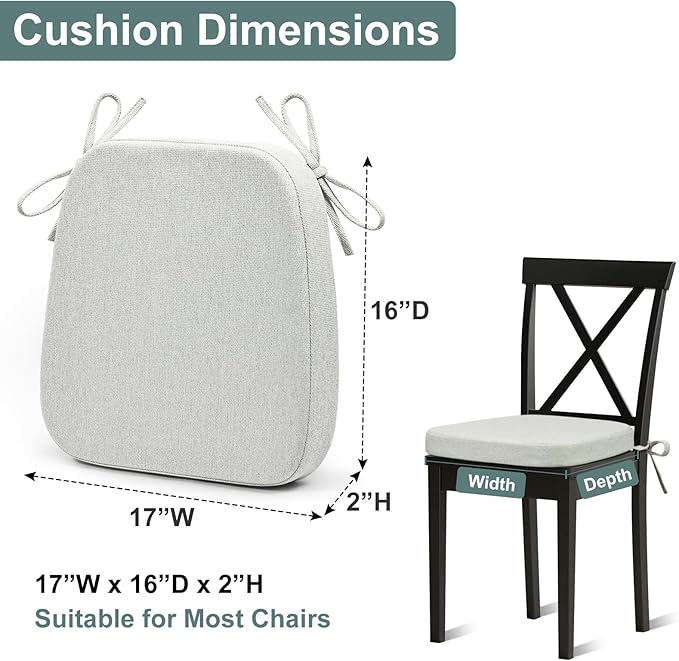 Shinnwa Dining Chairs Cushions Set of 6, Patented Design Memory Foam Kitchen Chair Pads with Ties and Washable Cover, 6 Pack, 17" x 16" x 2", Off White