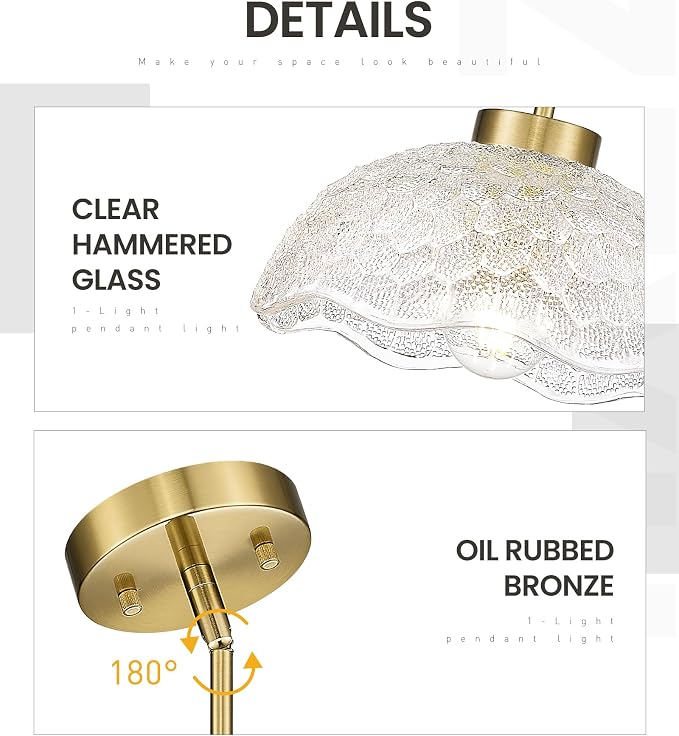 zeyu 10.4 Inch Vintage Single Pendant Light Fixture, Gold Vintage Hanging Lamp, Brushed Gold Pendant Light Kitchen Island with Clear Hammered Glass, ZJX116M1L BG