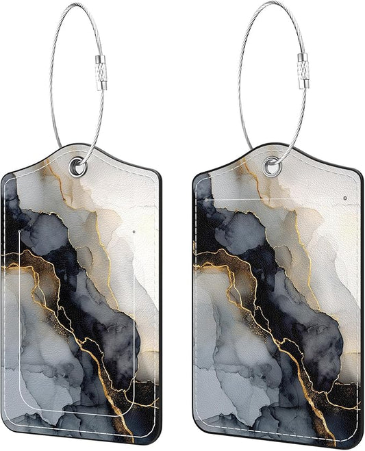 2 Pack PU Leather Luggage Tags for Suitcases, Privacy Protection Cover with Stainless Steel Loop and Address Card, Travel Cruise Essentials (Black Gold Marble)
