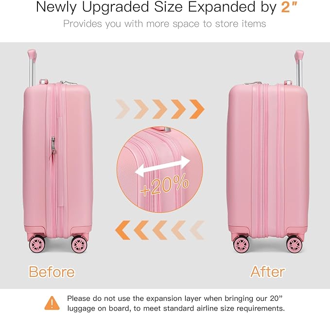 Kono Small 20 Inch Expandable Carry On Luggage with Quiet Spinner Wheels & TSA Lock, Scratch and Drop Resistant PC+ABS Hardside 22x14x9 Airline Approved Suitcase, Pink
