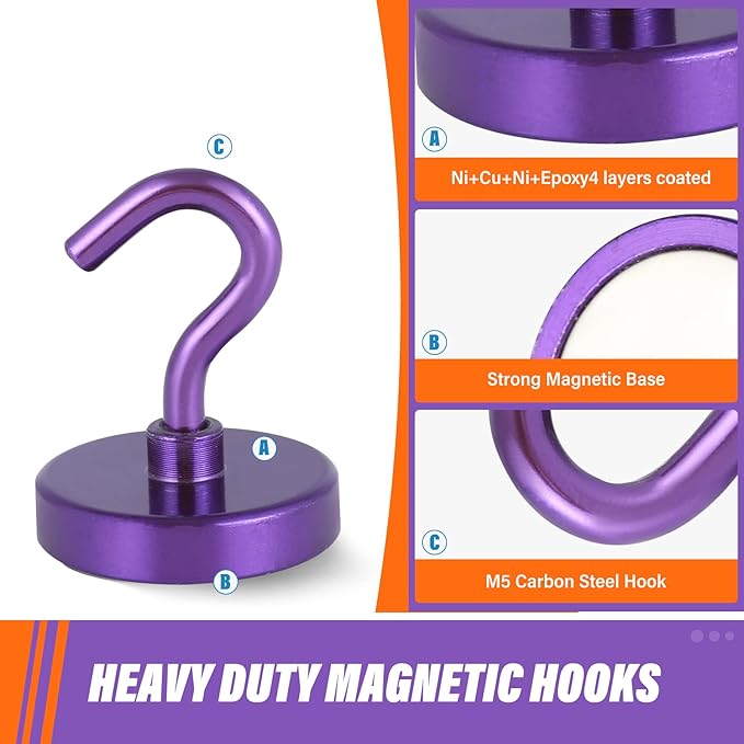 Neosmuk Magnetic Hooks Heavy Duty,Strong Magnet with Hook for Fridge, Super Neodymium Extra Strength Industrial Hooks for Hanging, Magnetic Hanger for Toolbox, Cruise, Grill(Purple,6 Pack)