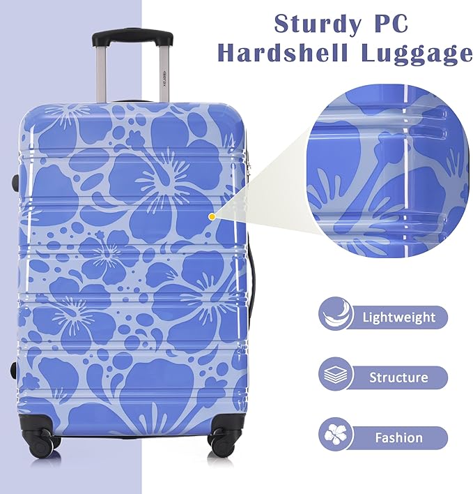 Merax Suitcase Set, Hardshell Luggage Sets 3 Piece with Spinner Wheels, Durable Printing Suitcase with TSA Lock Lightweight 20" 24" 28",Blue