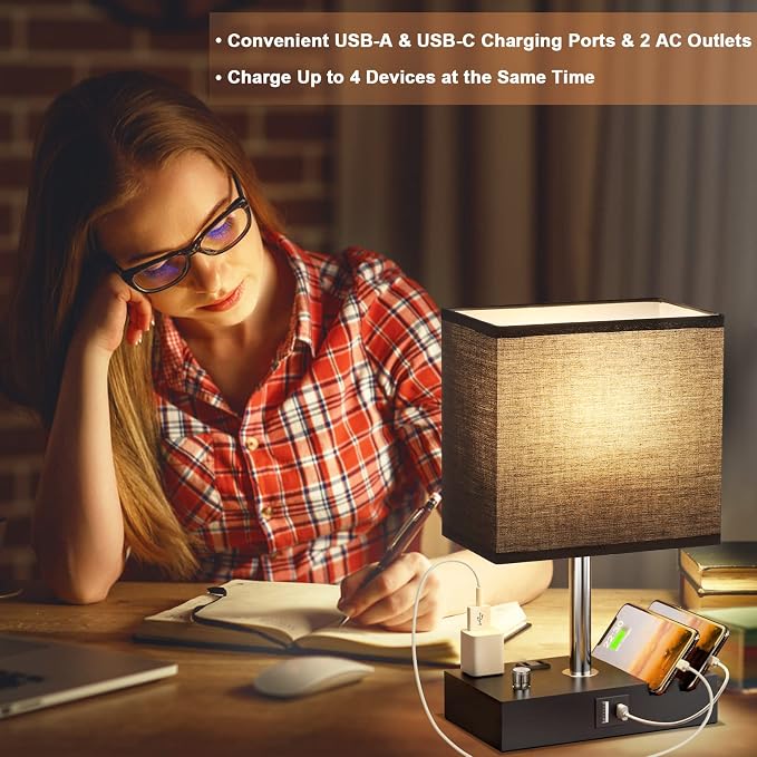 Black Table Lamp for Bedroom - Stepless Dimmable, USB C+A, 2 AC Outlets | Dimming By Rotary Knob, USB C+A Ports, 2 Phone Stands, LED Bulbs Included, Rectangle Black Lampshade, for Living Room, Desk
