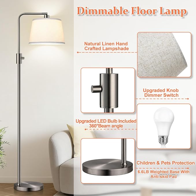 Nintiue 【Upgraded】 Dimmable Floor Lamp, 1000 Lumens LED Edison Bulb Included, Brushed Nickel Arc Floor Lamps for Living Room Modern Standing Lamp Tall Lamps for Living Room Bedroom