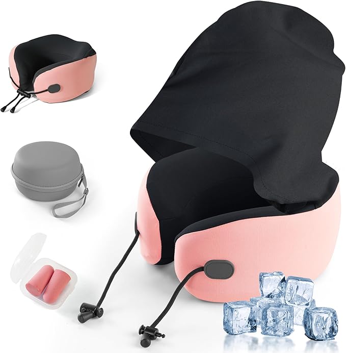 Neck Pillow for Travel, Premium Carbon-Infused Memory Foam, Cooling Fabric Pillow for Airplane, 360° Neck Support for Long Flights, Hooded Travel Pillowl for Planes, Cars and Office, Hooded, Pink