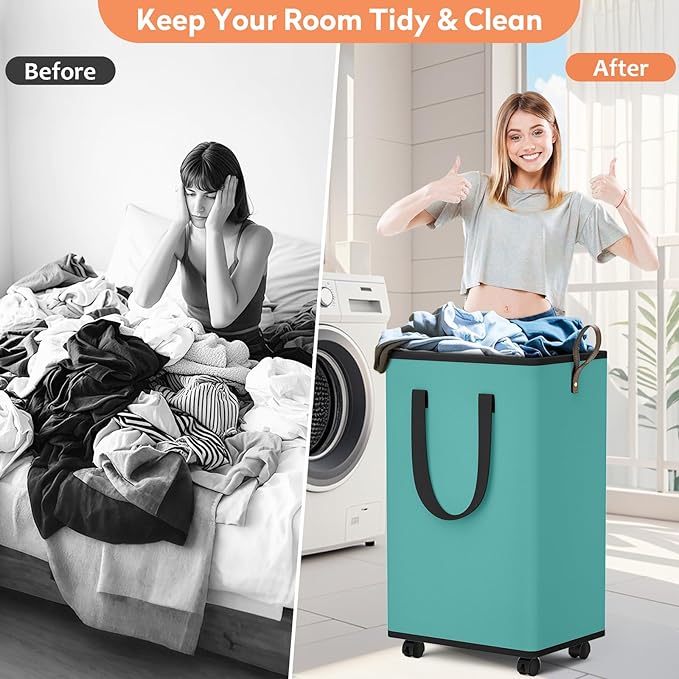 Laundry Basket with Wheels, Collapsible Laundry Baskets, Laundry Hamper with Handles Detachable Wheels, Rolling Laundry Basket, Dirty Clothes Hamper for Bathroom, Dorm, Bedroom, Green, 100L
