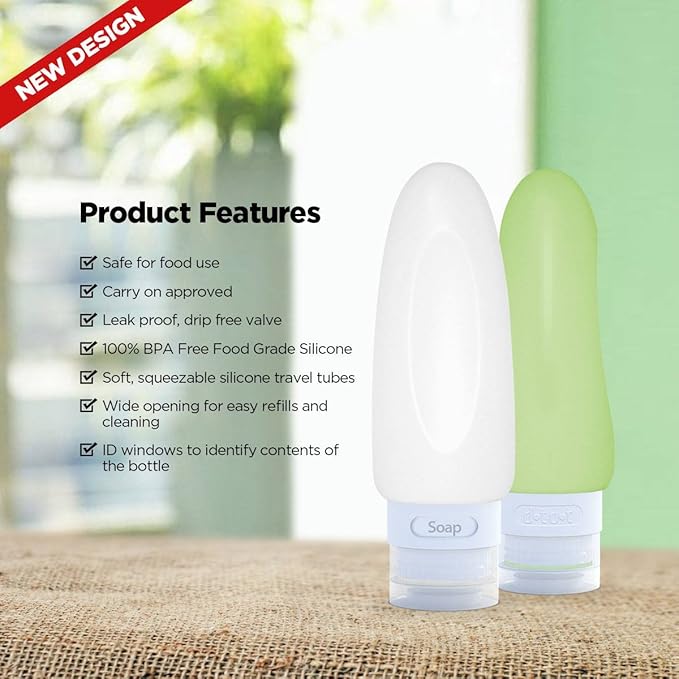 Dot&Dot Leak Proof Travel Bottles - Tubes for Liquid TSA Approved 3oz Silicone Toiletries Travel Shampoo & Conditioner Containers with Labels