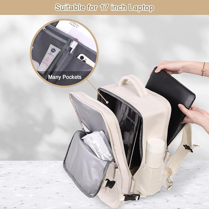 Travel Backpack for Women, Expandable 40L Carry on Flight Approved Backpack, 17 Inch Laptop Waterproof Travel Bag for College, Travel, Work, Beige