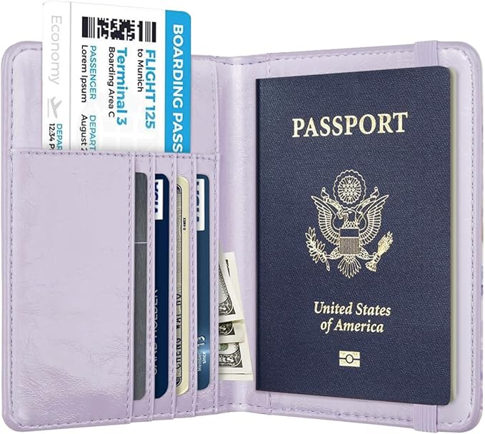 Passport Holder Cover Travel RFID Blocking Passport Cover Cute Flowers Passport Wallet with Elastic Band for Women, Lavender