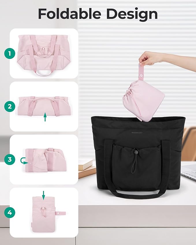 BAGSMART Foldable Tote Bag with Drawstring Bag, Large Tote Bag Shoulder Bag Top Handle Handbag for Travel, Work, Beach, Gym